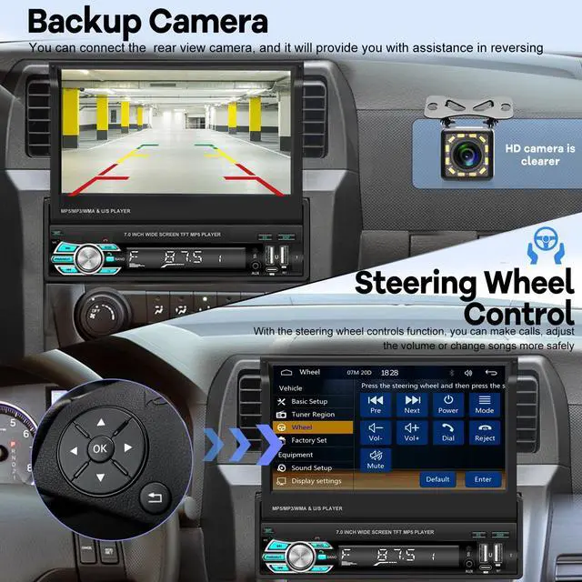 Alt view image 3 of 7 - Single Din Flip Out Screen Car Stereo with Wireless Carplay Android Auto | 7 inch 1 Din Touch Screen Radio Support Bluetooth/SWC/USB/FM + Backup Camera + Mic + Remote Control