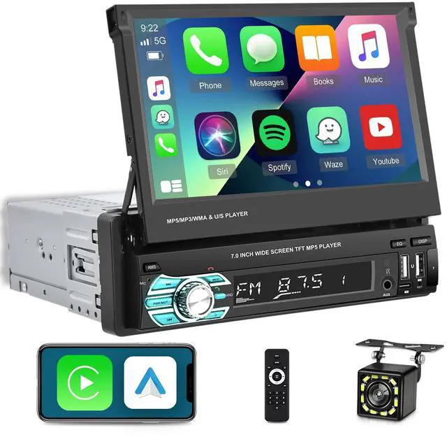 Main image of Single Din Flip Out Screen Car Stereo with Wireless Carplay Android Auto | 7 inch 1 Din Touch Screen Radio Support Bluetooth/SWC/USB/FM + Backup Camera + Mic + Remote Control