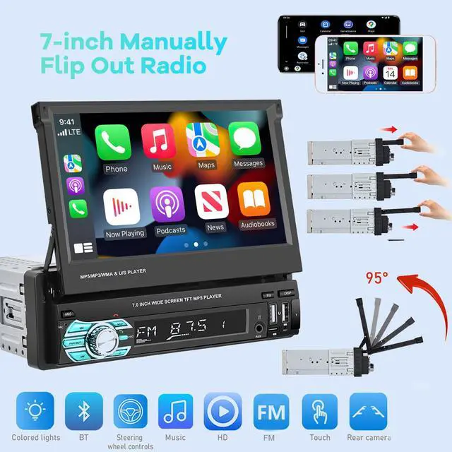 Alt view image 5 of 7 - Single Din Flip Out Screen Car Stereo with Wireless Carplay Android Auto | 7 inch 1 Din Touch Screen Radio Support Bluetooth/SWC/USB/FM + Backup Camera + Mic + Remote Control