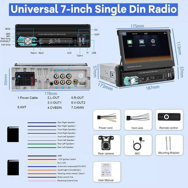 Alt view image 6 of 7 - Single Din Flip Out Screen Car Stereo with Wireless Carplay Android Auto | 7 inch 1 Din Touch Screen Radio Support Bluetooth/SWC/USB/FM + Backup Camera + Mic + Remote Control