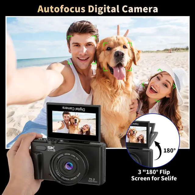 Alt view image 4 of 7 - Digital Cameras for Photography,5K 75MP Autofocus Vlogging Camera | YouTube with 18X Zoom,3" 180°Flip Screen Selfie Digital Camera Compact Travel Camera for Beginner Teens,2*Battery(32GB Card)