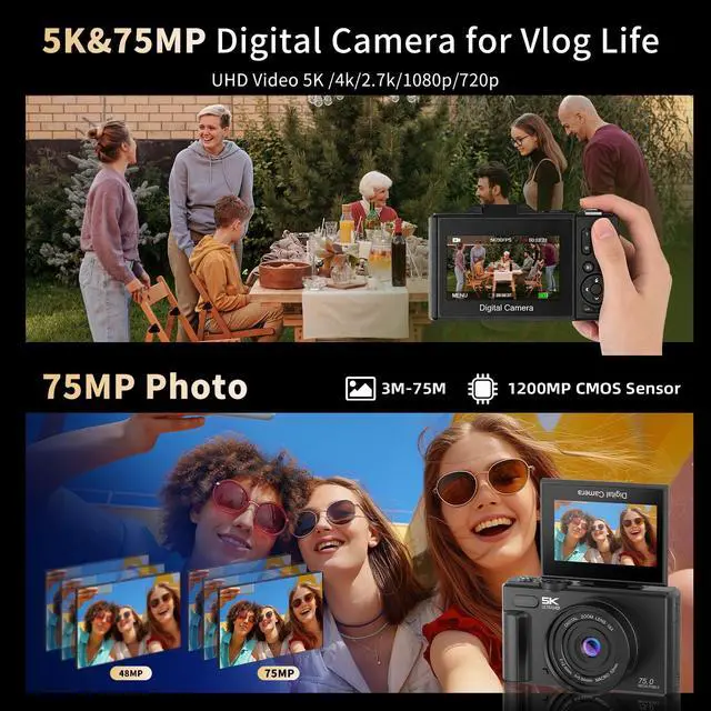 Alt view image 3 of 7 - Digital Cameras for Photography,5K 75MP Autofocus Vlogging Camera | YouTube with 18X Zoom,3" 180°Flip Screen Selfie Digital Camera Compact Travel Camera for Beginner Teens,2*Battery(32GB Card)