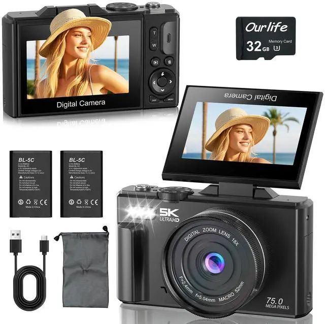 Main image of Digital Cameras for Photography,5K 75MP Autofocus Vlogging Camera | YouTube with 18X Zoom,3" 180°Flip Screen Selfie Digital Camera Compact Travel Camera for Beginner Teens,2*Battery(32GB Card)