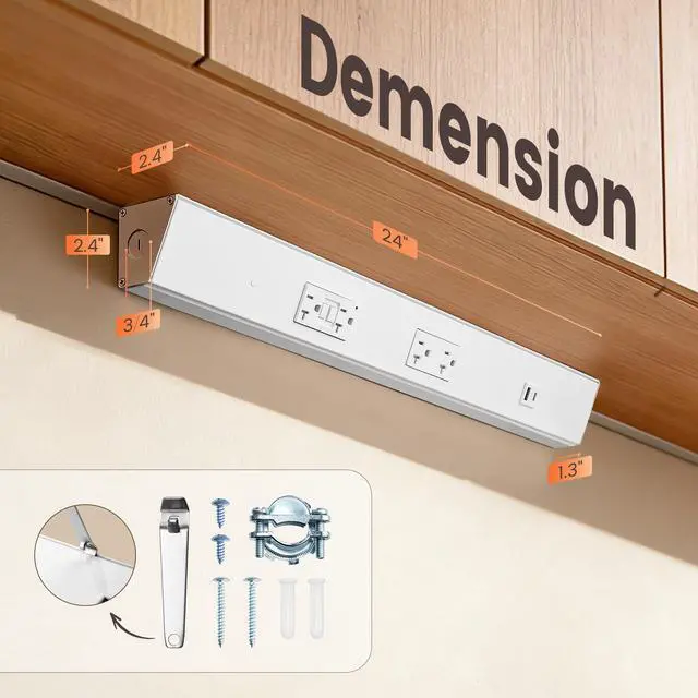 Alt view image 3 of 3 - 24 in Under Cabinet Outlet Strip with GFCI Outlet, Hardwire | Angled Outlet Design, 2500W Rating, 20A GFCI + 20A TR Outlet with USB-A & USB-C, Modular No-Cut Extension System, ETL Listed