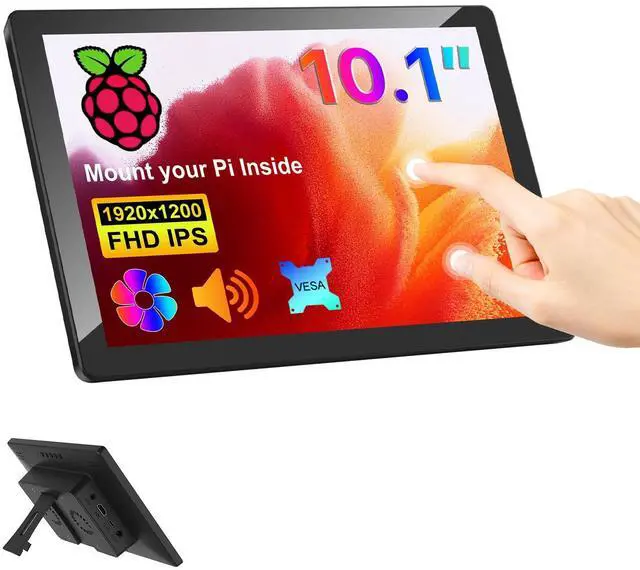 Main image of 10.1 Inch Touch Screen Monitor with Case - pi screen IPS FHD 1920x1200, 10-Point, pi display with HDMI Dual-Speaker, pi touchscreen for Pi 5/4/3/2/Zero/Win11/10/8/7/VESA, Fan, Stand, Driver-Free