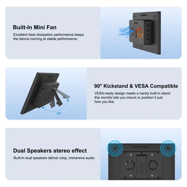 Alt view image 5 of 7 - 10.1 Inch Touch Screen Monitor with Case - pi screen IPS FHD 1920x1200, 10-Point, pi display with HDMI Dual-Speaker, pi touchscreen for Pi 5/4/3/2/Zero/Win11/10/8/7/VESA, Fan, Stand, Driver-Free