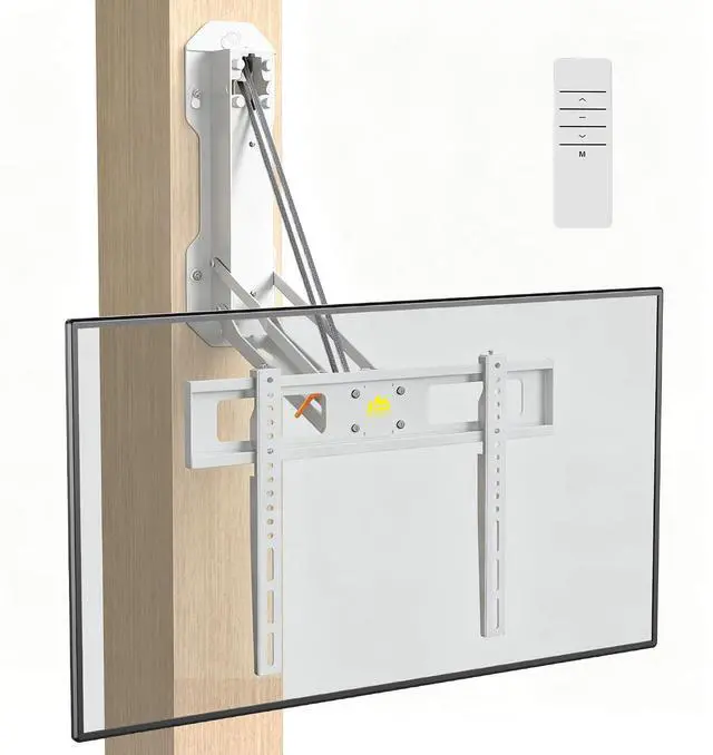 Main image of Motorized Fireplace TV Mount for 32-85" Flat & Curved TVs, Remote Control Electric Pull Down Mounting Bracket, Height Adjustable, Swivel, Tilt, Holds 88lbs, Max VESA 600x400mm, White