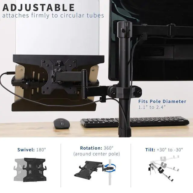 Alt view image 3 of 7 - Steel Universal Full Motion Pole Mount Laptop Holder Arm with Removable 75mm and 100mm VESA Plate, Fits 10 to 15.6 inch Laptops, Black, MOUNT-PL1A-LAP3