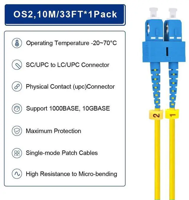 Alt view image 4 of 7 - OS2 SC to LC Single Mode Fiber Patch Cable 10M/33ft | SMF Singlemode, Duplex 9/125um, 10G/40G/100G, Fiber Optic Cord Length Options: 1m-50m, LSZH