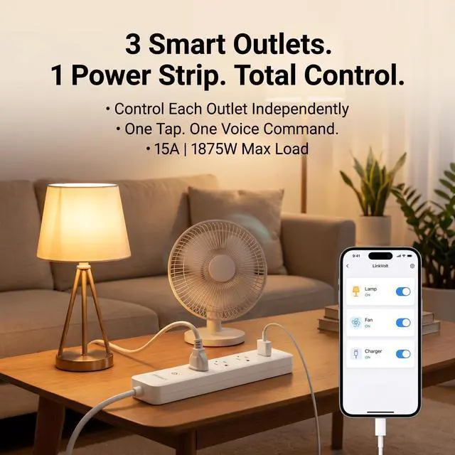 Alt view image 3 of 7 - LINKVOLT Smart Power Strip WiFi Surge Protector Alexa Google Home Voice Control Outlet Extender for Home Office 3AC 15A 1875W 2.4GHz Voice Control