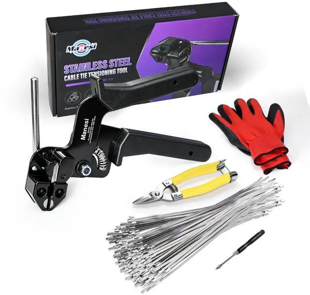 Main image of 106PCS Heavy Duty 304 Stainless Steel Cable Tie Gun Kit, Includes 100PCS 11.8 Inch Metal Zip Ties, Self-Locking, UV & Corrosion Resistant, for Fence, Exhaust Pipe, Chicken Coop, Farm Use