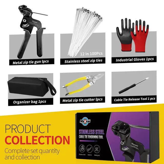 Alt view image 2 of 7 - 106PCS Heavy Duty 304 Stainless Steel Cable Tie Gun Kit, Includes 100PCS 11.8 Inch Metal Zip Ties, Self-Locking, UV & Corrosion Resistant, for Fence, Exhaust Pipe, Chicken Coop, Farm Use