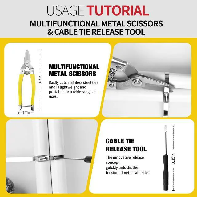 Alt view image 6 of 7 - 106PCS Heavy Duty 304 Stainless Steel Cable Tie Gun Kit, Includes 100PCS 11.8 Inch Metal Zip Ties, Self-Locking, UV & Corrosion Resistant, for Fence, Exhaust Pipe, Chicken Coop, Farm Use