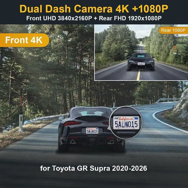 Alt view image 2 of 7 - Front 4K+Rear 1080P Dash Cam Adapts for Toyota GR Supra 2020-2026 (HD2-4031), Integrated OEM Look, 2 Way HD Video, WiFi & APP, Loop Recording, Collision Detection, Easy to Set, 128GB Card