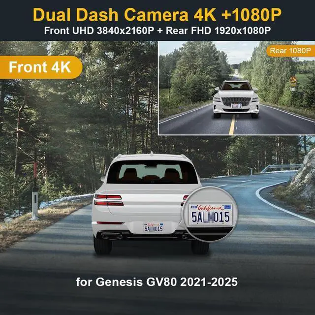 Alt view image 2 of 7 - Front 4K+Rear 1080P Dash Cam Adapts for Genesis GV80 2021-2025 (HD2-T6010, Grey Cover), OEM Factory Look, Dual HD Video, Built-in WiFi & APP, Loop Recording, G-Sensor, Easy to Set, 128GB Card