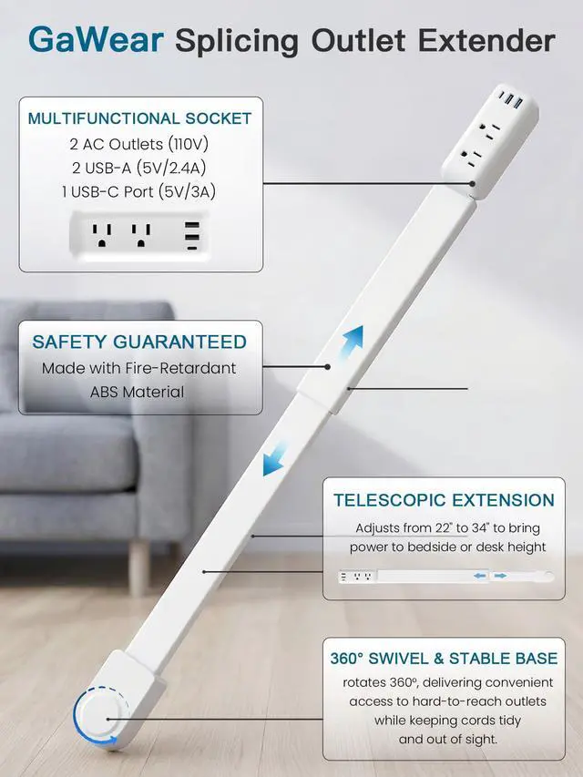 Alt view image 2 of 7 - Electrical Outlet Extender Stick, Adjustable 2234 in Wall Plug Extension with 2 AC Outlets, 2 USB-A & 1 USB-C, 360° Rotating Plug for Hard-to-Reach Outlets Behind Couch, Bed, Nightstand, Desk