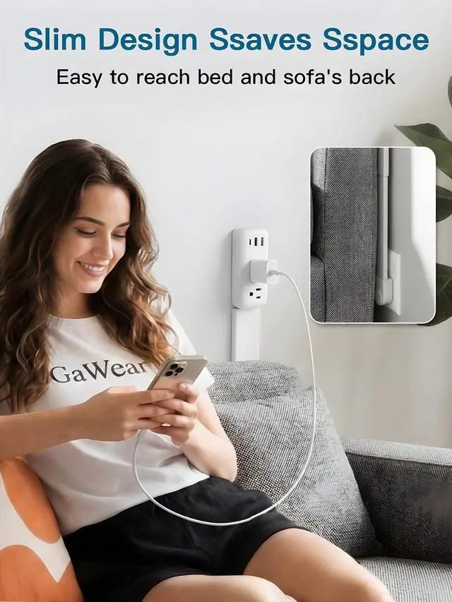 Alt view image 4 of 7 - Electrical Outlet Extender Stick, Adjustable 2234 in Wall Plug Extension with 2 AC Outlets, 2 USB-A & 1 USB-C, 360° Rotating Plug for Hard-to-Reach Outlets Behind Couch, Bed, Nightstand, Desk