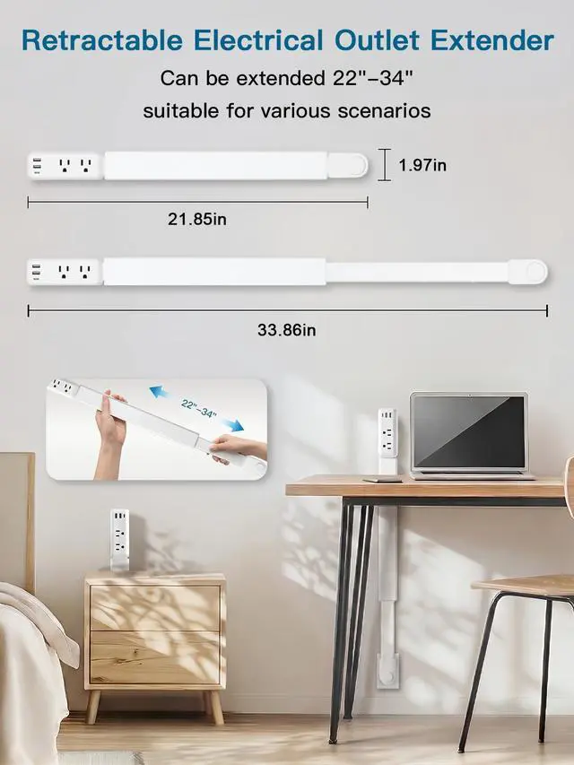 Alt view image 5 of 7 - Electrical Outlet Extender Stick, Adjustable 2234 in Wall Plug Extension with 2 AC Outlets, 2 USB-A & 1 USB-C, 360° Rotating Plug for Hard-to-Reach Outlets Behind Couch, Bed, Nightstand, Desk