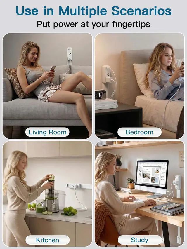Alt view image 7 of 7 - Electrical Outlet Extender Stick, Adjustable 2234 in Wall Plug Extension with 2 AC Outlets, 2 USB-A & 1 USB-C, 360° Rotating Plug for Hard-to-Reach Outlets Behind Couch, Bed, Nightstand, Desk