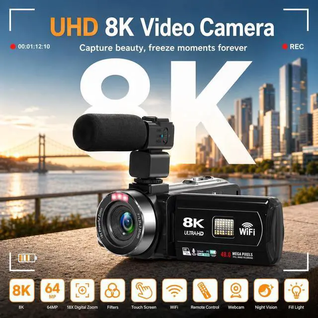 Alt view image 2 of 7 - 8K Video Camera, 48MP Vlogging Camcorder With IR Night Vision for Youtubers | WiFi,3" Touch Screen, 18X Digital Zoom, Fill Light, Microphone, Stabilizer, Remote Control, 2 Batteries