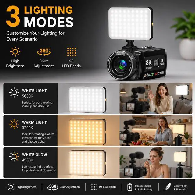 Alt view image 5 of 7 - 8K Video Camera, 48MP Vlogging Camcorder With IR Night Vision for Youtubers | WiFi,3" Touch Screen, 18X Digital Zoom, Fill Light, Microphone, Stabilizer, Remote Control, 2 Batteries