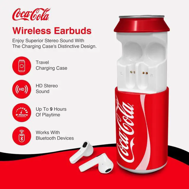Alt view image 2 of 7 - Coca-Cola Can Shaped Wireless Earbuds Bluetooth 5.0 Headphones with Built-in Mic, Voice Assistant Compatibility, 9H Playtime, HD Stereo Sound, Noise Cancelling Compatible with Apple & Android