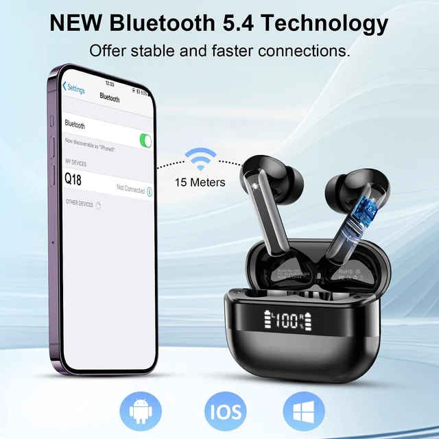 Alt view image 7 of 7 - Wireless Earbuds, Bluetooth 5.4 Headphones HiFi Stereo, Bluetooth Earbuds with 4 ENC Mics, 48H Playtime Wireless Ear buds with LED Display, IP7 Waterproof Bluetooth Earphones for Android iOS Black