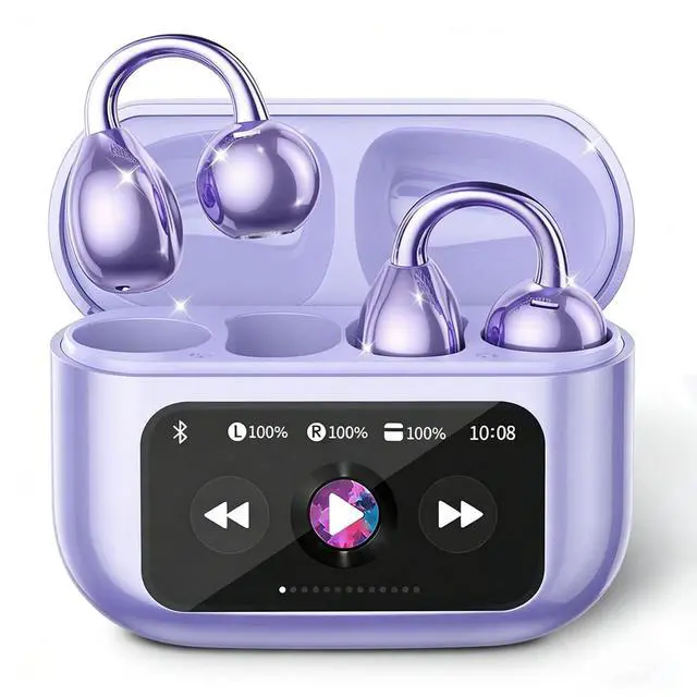 Main image of Clip-on Earbuds, Open Ear Earbuds with LCD Touchscreen Wireless Bluetooth 5.4, Lightweight M100 Open Ear Headphones with C-Shaped Bridge, Slim Hook,48H Battery, for Sports, Fitness (Purple)
