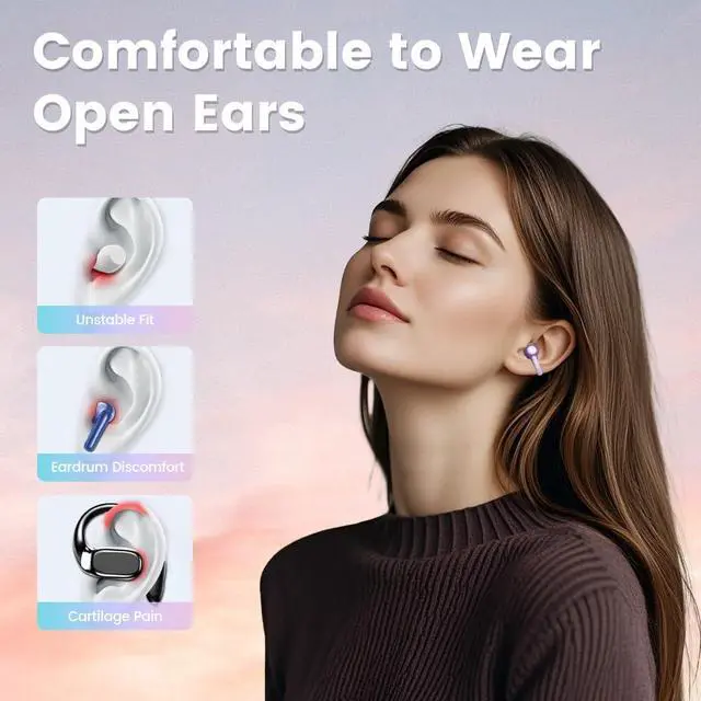 Alt view image 5 of 7 - Clip-on Earbuds, Open Ear Earbuds with LCD Touchscreen Wireless Bluetooth 5.4, Lightweight M100 Open Ear Headphones with C-Shaped Bridge, Slim Hook,48H Battery, for Sports, Fitness (Purple)