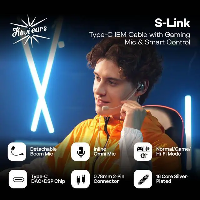 Alt view image 3 of 7 - Kiwi Ears S-Link Type-C IEM Cable,Gaming Earphone Cord with DAC+DSP,Dual Mic (Detachable Boom Mic+Inline Mic),3 Modes Smart Control,1.2m Silver-Plated Cable for Gamers (Silver, 2Pin)