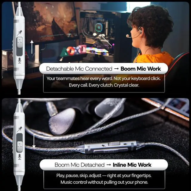 Alt view image 5 of 7 - Kiwi Ears S-Link Type-C IEM Cable,Gaming Earphone Cord with DAC+DSP,Dual Mic (Detachable Boom Mic+Inline Mic),3 Modes Smart Control,1.2m Silver-Plated Cable for Gamers (Silver, 2Pin)