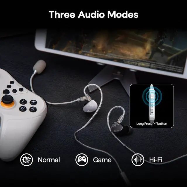 Alt view image 6 of 7 - Kiwi Ears S-Link Type-C IEM Cable,Gaming Earphone Cord with DAC+DSP,Dual Mic (Detachable Boom Mic+Inline Mic),3 Modes Smart Control,1.2m Silver-Plated Cable for Gamers (Silver, 2Pin)