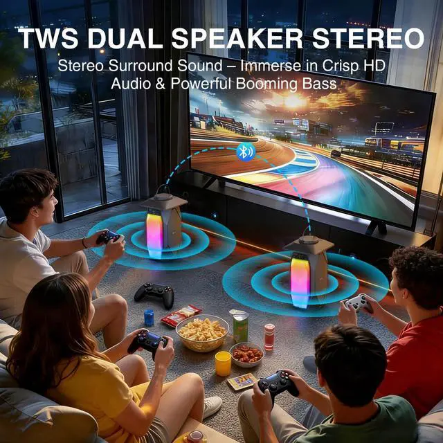 Alt view image 5 of 7 - 2 Pack Outdoor RGB Bluetooth Speakers, 50W Outdoor Speakers with TWS Stereo Bass, IPX5 Waterproof Lantern Speakers for Pool Patio Garden Camping Party