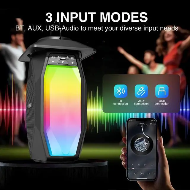 Alt view image 7 of 7 - 2 Pack Outdoor RGB Bluetooth Speakers, 50W Outdoor Speakers with TWS Stereo Bass, IPX5 Waterproof Lantern Speakers for Pool Patio Garden Camping Party