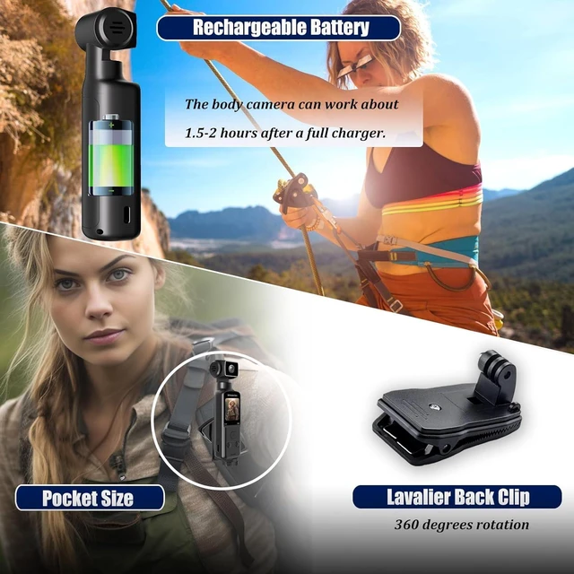 Alt view image 6 of 7 - 4K Pocket Body Camera with Audio & Video Recording, EIS Stabilization | 270° Rotating Len, Handheld POV Cameras with External Microphone, Vlogging Camera for Travel, Meeting, Daily Use(32GB)