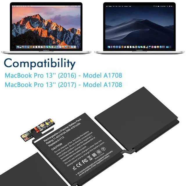 Alt view image 5 of 7 - A1708 A1713 A2171 Battery Replacement for Mac Book Pro 13 Inch Late 2016 Mid 2017 (EMC 2978 3164), Mid 2019 A2159, Mid 2020 A2289 A2338, MLUQ2LL/A MPXQ2LL/A MLL42LL/A MPXR2LL/A MPXU2LL/A MPXT2LL/A