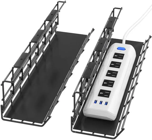 Main image of 2 Pack Under Desk Cable Management Tray, Metal Cord Cable Organizer for Desk, Easy Install Pre-drilled Wire Management Wire Organizer for Office & Home