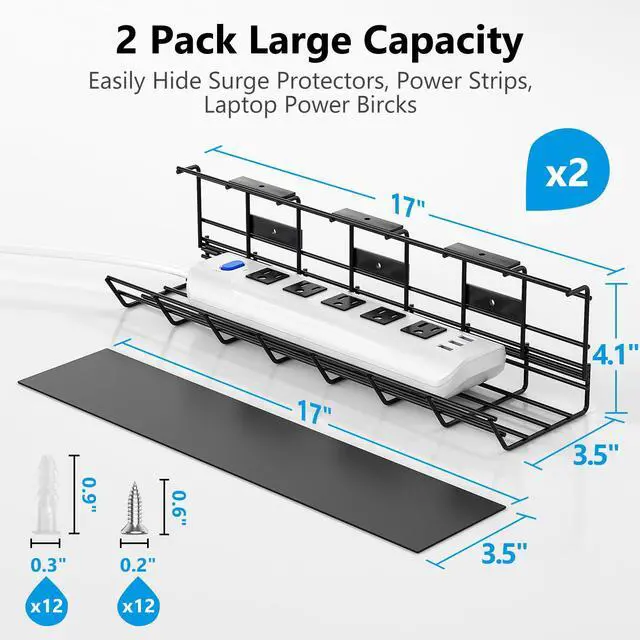 Alt view image 3 of 7 - 2 Pack Under Desk Cable Management Tray, Metal Cord Cable Organizer for Desk, Easy Install Pre-drilled Wire Management Wire Organizer for Office & Home