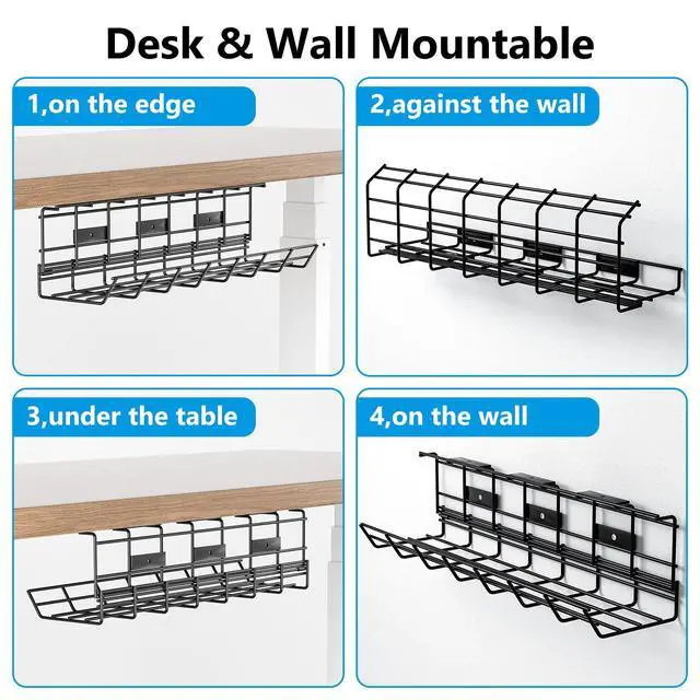 Alt view image 5 of 7 - 2 Pack Under Desk Cable Management Tray, Metal Cord Cable Organizer for Desk, Easy Install Pre-drilled Wire Management Wire Organizer for Office & Home