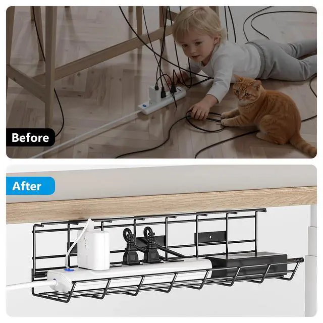 Alt view image 7 of 7 - 2 Pack Under Desk Cable Management Tray, Metal Cord Cable Organizer for Desk, Easy Install Pre-drilled Wire Management Wire Organizer for Office & Home