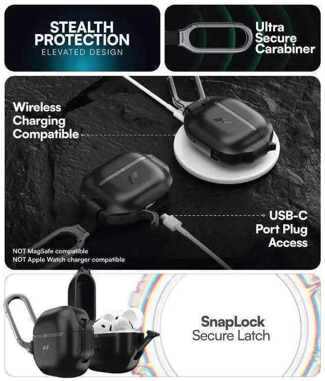 Alt view image 3 of 7 - for AirPods 4 Case with Lock - Tough AirPods 4th Generation Case Cover with Carabiner, Rugged Protection and Hard Protective Shell (Black, AirPods 4th Gen)