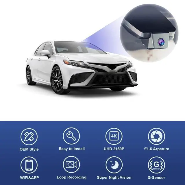 Alt view image 3 of 6 - 4K Dash Cam Suitable for Toyota Camry 2021 2022 2023 2024 LE L XLE TRD XSE SE Hybrid (Gen8/XV70), OEM Look, 2160P UHD Video WiFi & APP, Loop Recording, G-Sensor, Easy to Use, 64GB Card