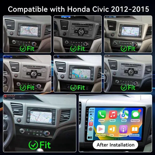 Alt view image 2 of 7 - Android 13 Car Radio Compatible with Honda Civic 2012-2015 | 9 Inch Car Radio Head Unit Touch Screen, Wireless CarPlay, Android Auto, WiFi, Backup Camera