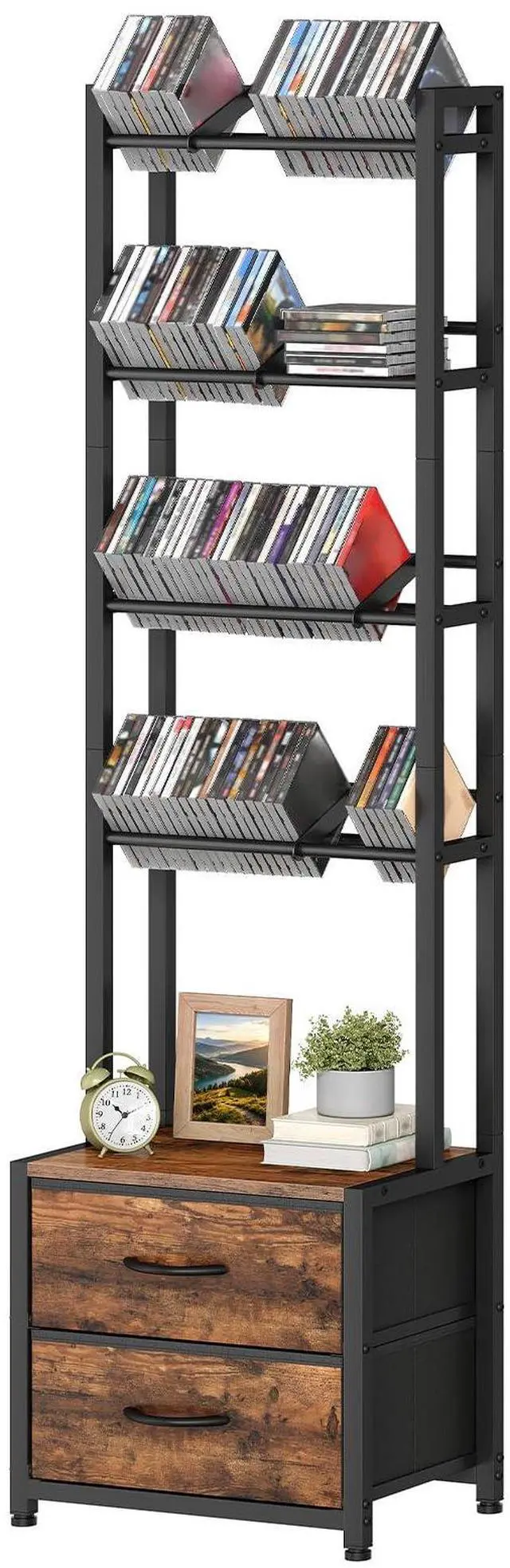 Main image of CD Storage Rack with Drawer, 5-Tier DVD Organizer Shelf | Media Storage Rack with Adjustable Book Stoppers for CDs, DVDs, Books and Games, for Living Room, Bedroom, Home Office