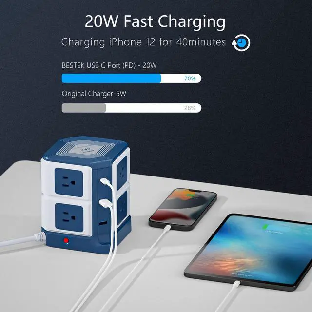 Alt view image 4 of 7 - PD 20W USB C Power Strip with Wireless Charger 8-Outlet Surge Protector and 30W 3-Port USB Charging Dock Station,4000 Joules,ETL Listed,Dorm Room Accessories (8AC+3USB+Wireless Charger-Blue)
