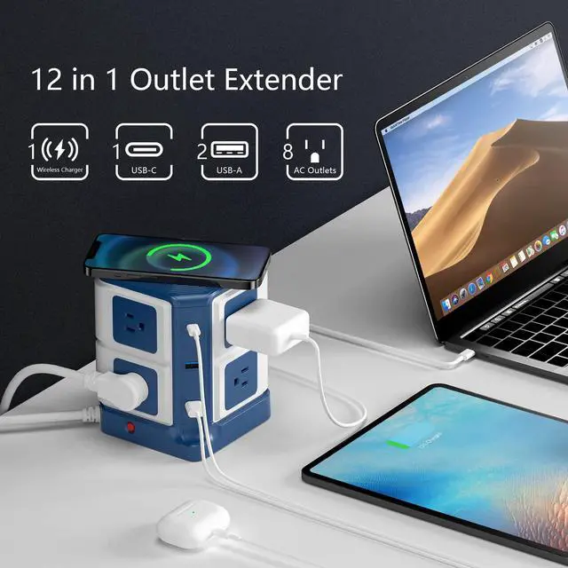 Alt view image 2 of 7 - PD 20W USB C Power Strip with Wireless Charger 8-Outlet Surge Protector and 30W 3-Port USB Charging Dock Station,4000 Joules,ETL Listed,Dorm Room Accessories (8AC+3USB+Wireless Charger-Blue)