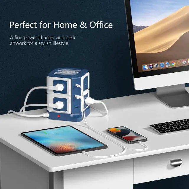 Alt view image 6 of 7 - PD 20W USB C Power Strip with Wireless Charger 8-Outlet Surge Protector and 30W 3-Port USB Charging Dock Station,4000 Joules,ETL Listed,Dorm Room Accessories (8AC+3USB+Wireless Charger-Blue)