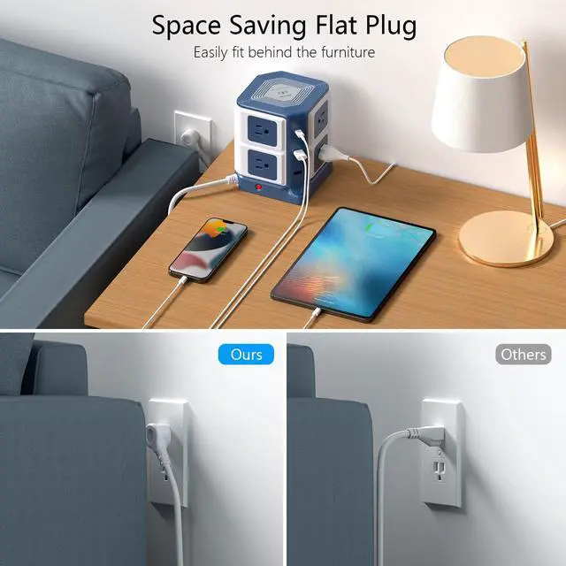 Alt view image 5 of 7 - PD 20W USB C Power Strip with Wireless Charger 8-Outlet Surge Protector and 30W 3-Port USB Charging Dock Station,4000 Joules,ETL Listed,Dorm Room Accessories (8AC+3USB+Wireless Charger-Blue)