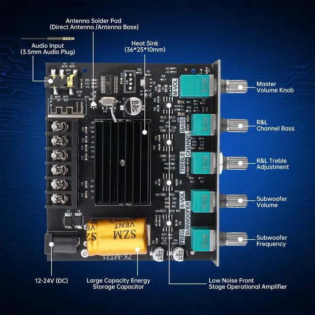 Alt view image 4 of 7 - ZK-MT21 Bluetooth Power Amplifier Board 2.1 Channel 50W x 2 + 100W | Mini amp module. quickly connects. Fits car audio speakers/home theater. with bass,treble,subwoofer and volume control
