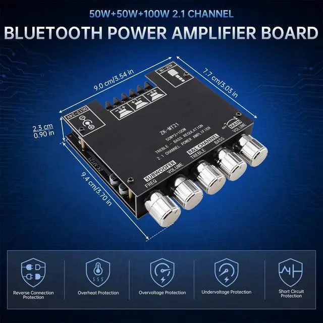 Alt view image 5 of 7 - ZK-MT21 Bluetooth Power Amplifier Board 2.1 Channel 50W x 2 + 100W | Mini amp module. quickly connects. Fits car audio speakers/home theater. with bass,treble,subwoofer and volume control